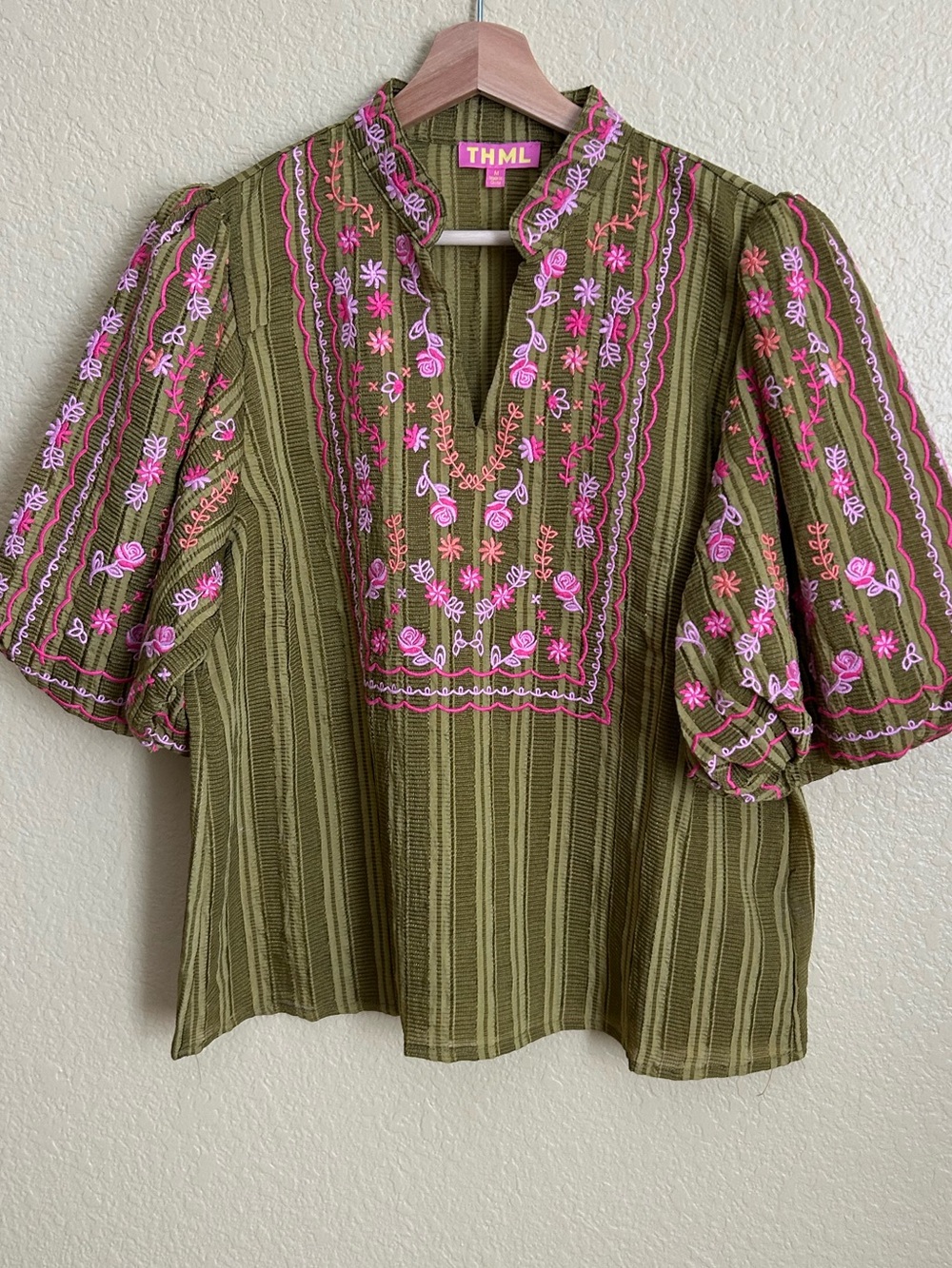 THML Olive Green Embroidered Puff Sleeve Top